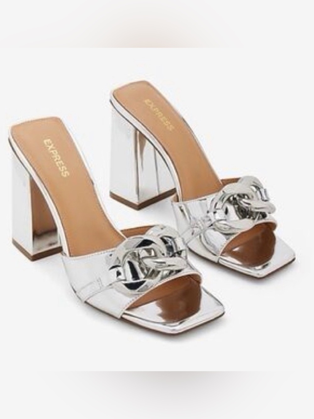 Express Metallic Silver Platform Heels Size 8 Square Toe Block Heel Mules